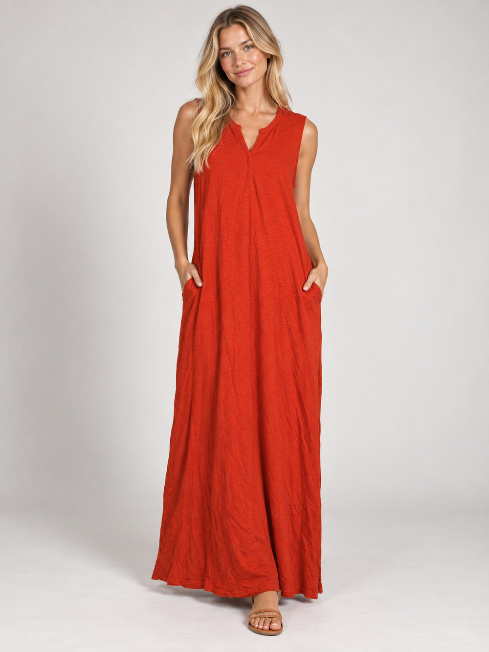 Chico's Maxi Dress Orange Red Cotton Modal Sleeveless 4/XXL #A4869